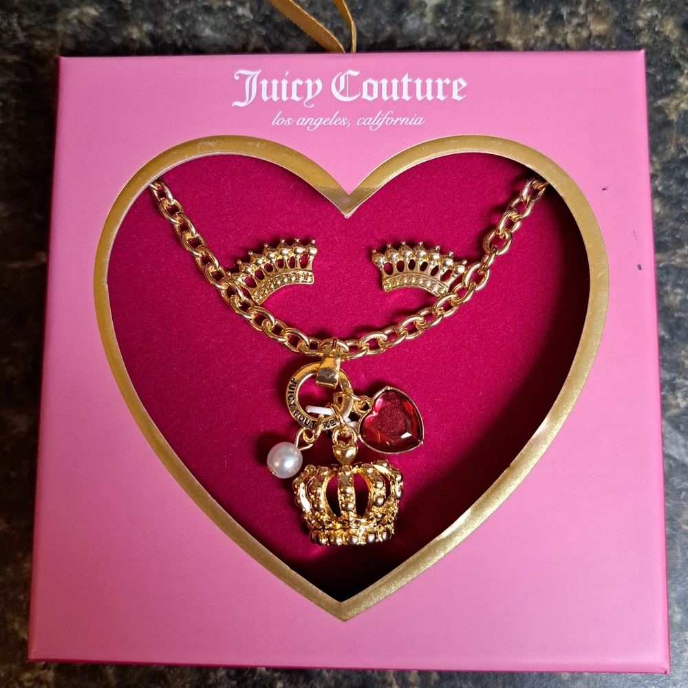 Juicy Couture Gold Crown and Red Heart Necklace with Crown Earrings